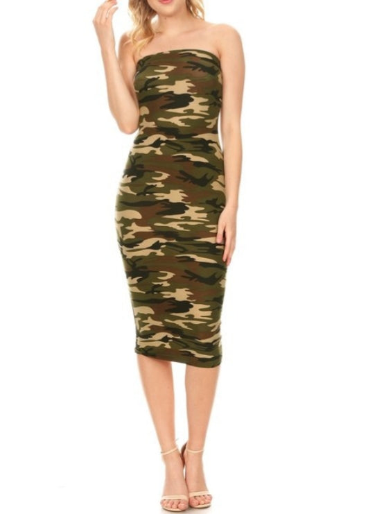 Camouflage  Print, Strapless Midi Dress