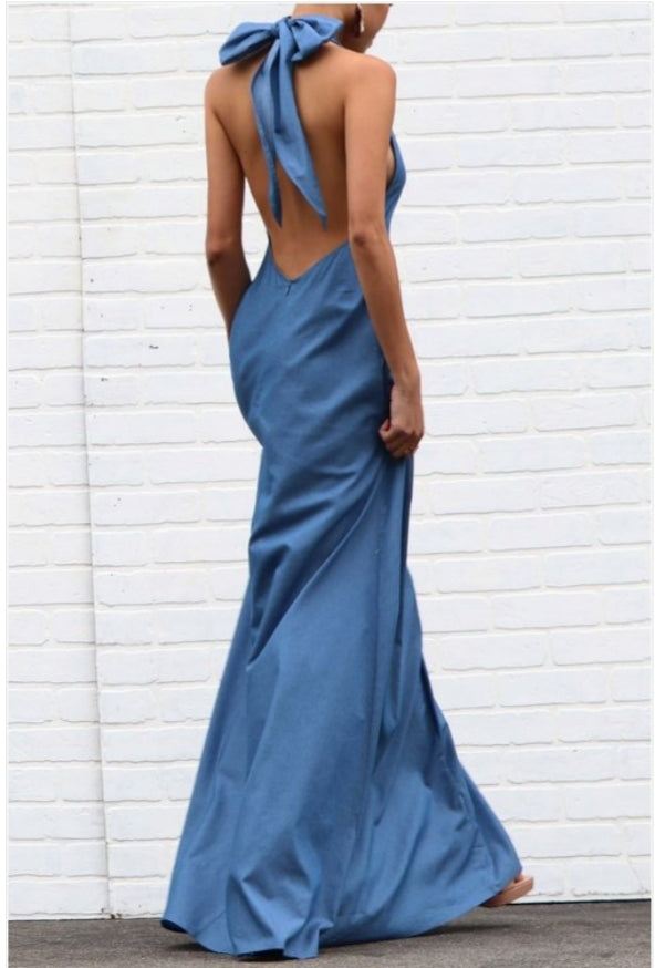 Demin Blue Halter Maxi w/ Pockets