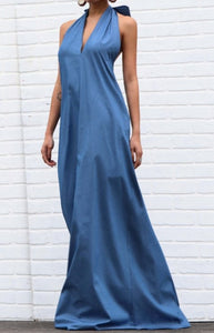 Demin Blue Halter Maxi w/ Pockets