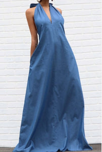 Demin Blue Halter Maxi w/ Pockets